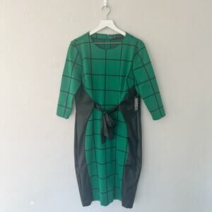 New York & Company Green Grid Faux Leather Sheath Dress NWT Small